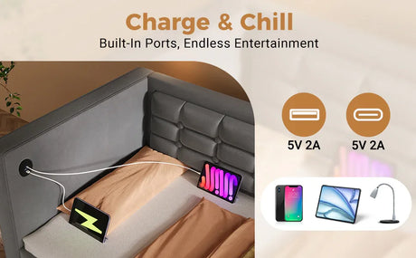 Twin Gray Velvet Upholstered Hydraulic Storage Daybed With USB Charging - Omega Lifestyles