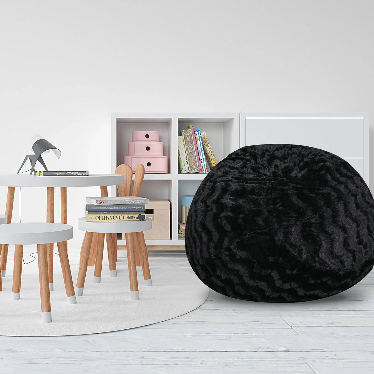 5-Foot Black Faux Fur Memory Foam Bean Bag Chair - Omega Lifestyles