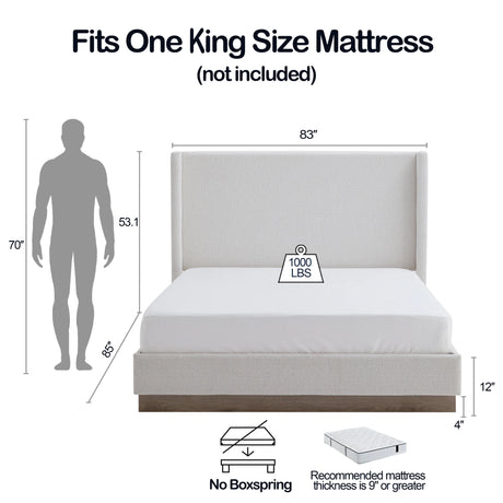 King Minimalist Upholstered Wingback Bed Frame With Wood Base - Omega Lifestyles