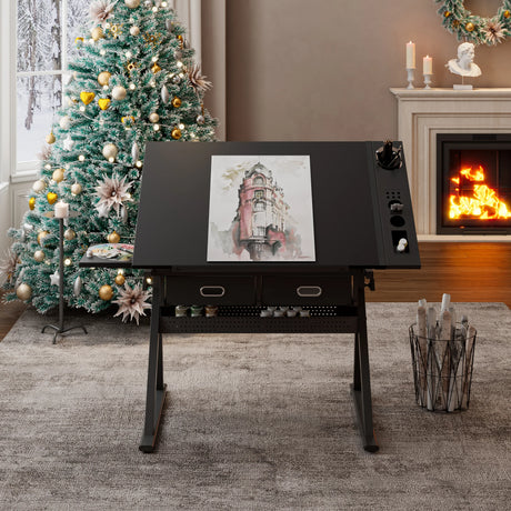 Adjustable Tilting Drawing Desk With Storage Drawers And Stool - Omega Lifestyles