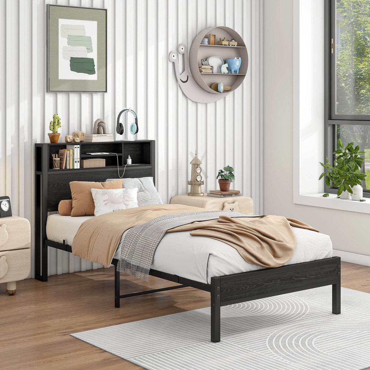 Twin Metal Platform Bed Frame With Storage Headboard Charging Station - Omega Lifestyles