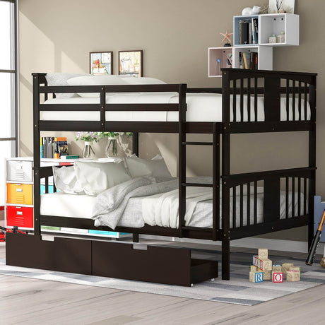 Full Over Full Solid Wood Espresso Bunk Bed With Drawers - Omega Lifestyles