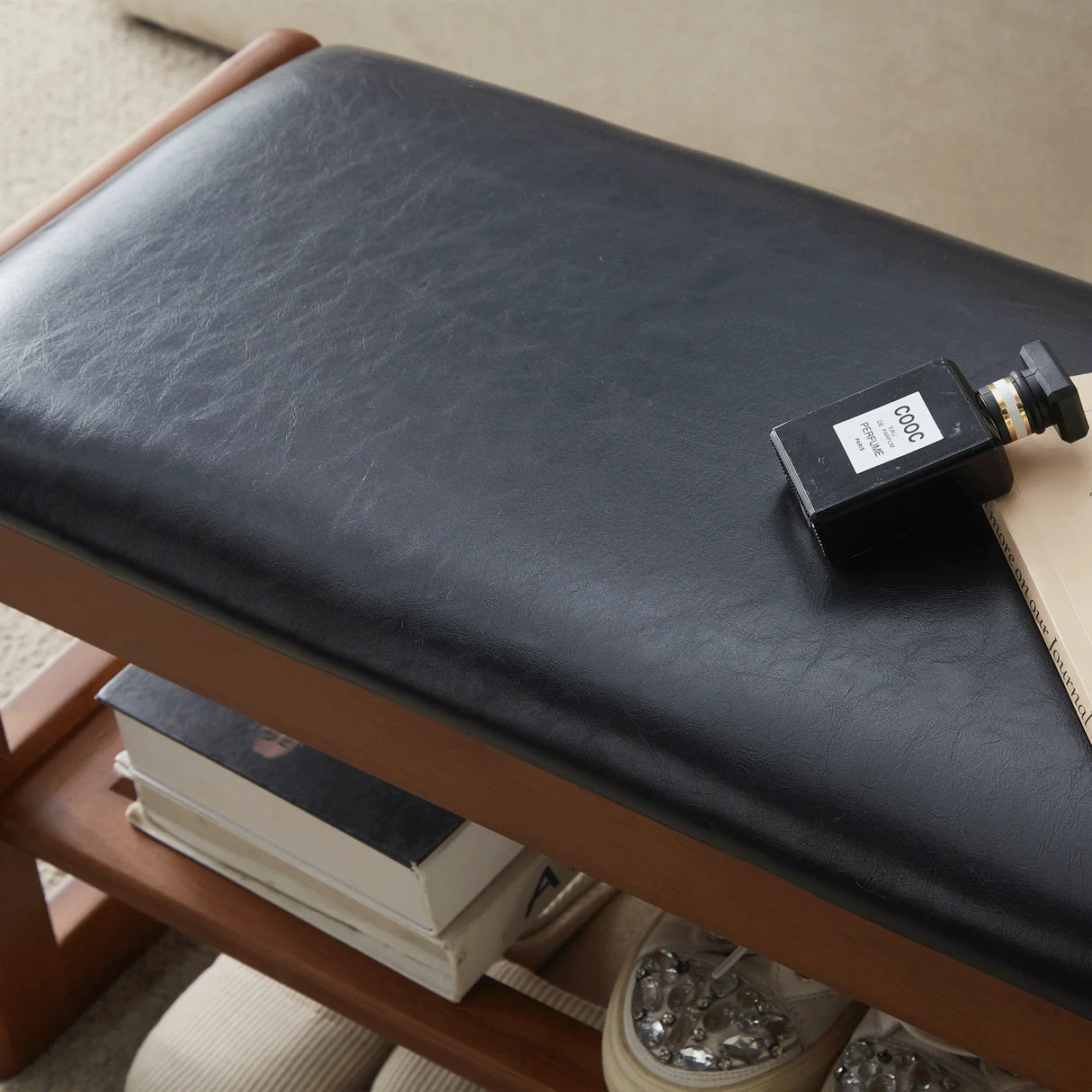 Walnut Rubber Wood Shoe Stool With Flip-Top Storage Bench - Omega Lifestyles