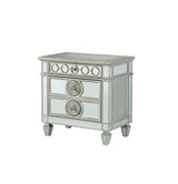 Mirrored Silver Nightstand With Geometric Raised Trim - Omega Lifestyles