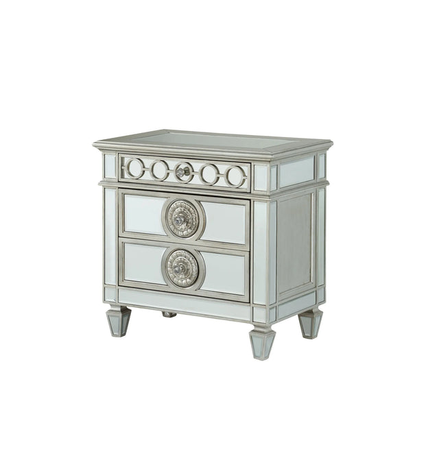 Mirrored Silver Nightstand With Geometric Raised Trim - Omega Lifestyles