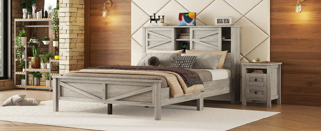 Queen Antique Gray Platform Bed With Sliding Barn Door Storage - Omega Lifestyles