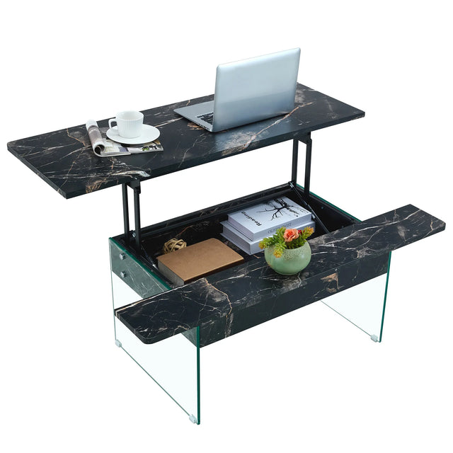 Lift-Top Coffee Table With Storage Black Marble Glass - Omega Lifestyles