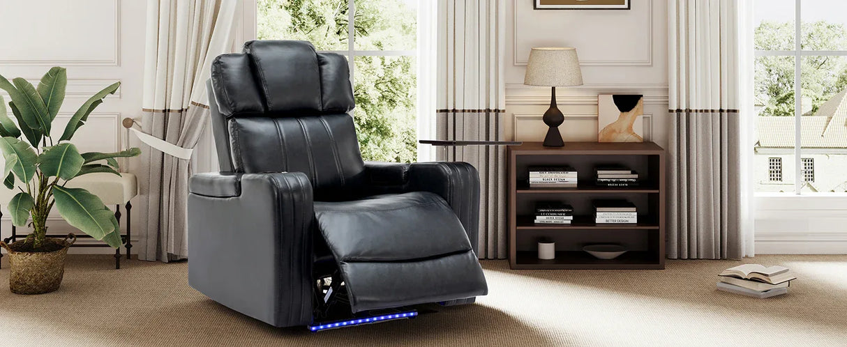 Blue PU Leather Power Recliner Chair With Cooling Cup Holder - Omega Lifestyles