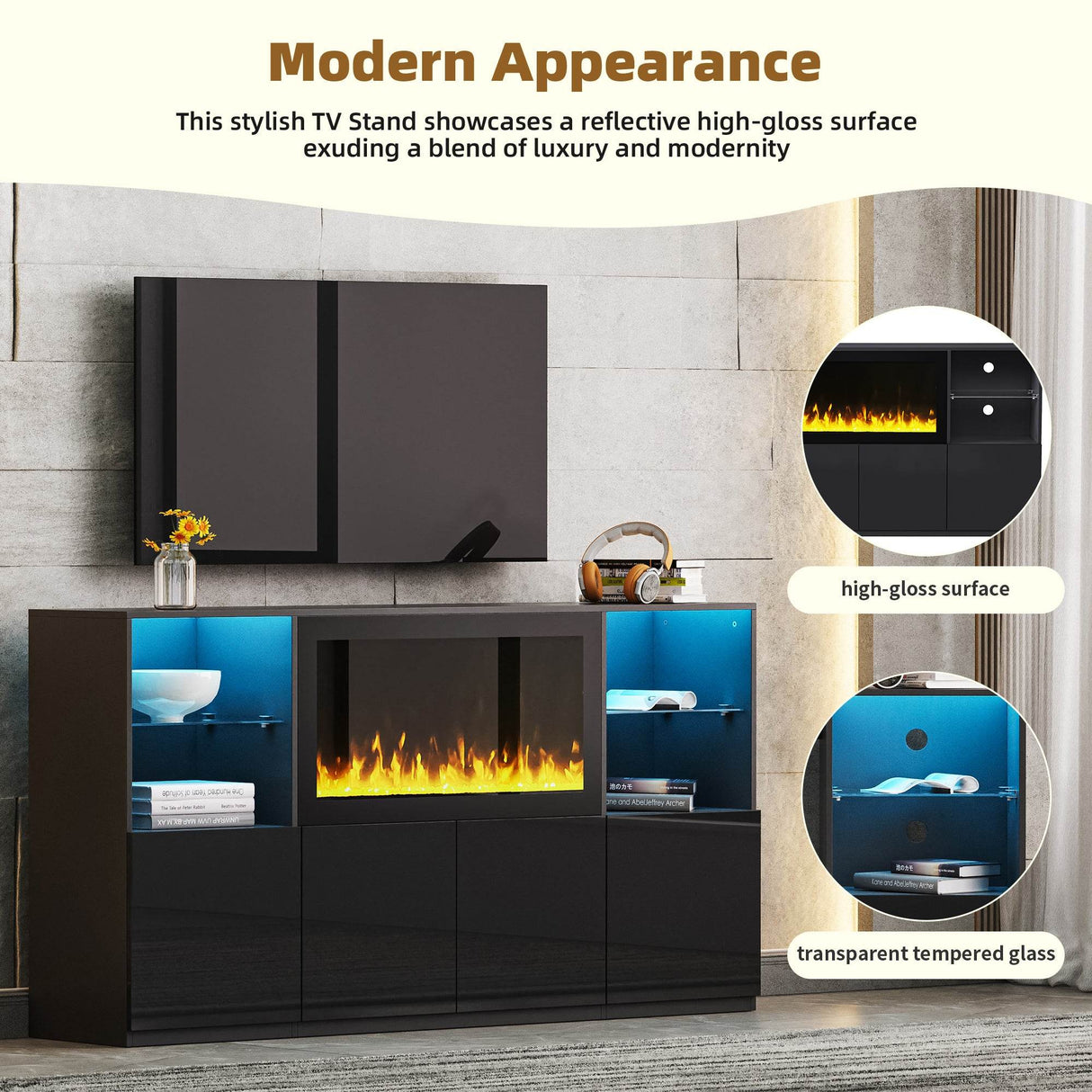 Modern Black LED Fireplace TV Stand with Shelves - Omega Lifestyles