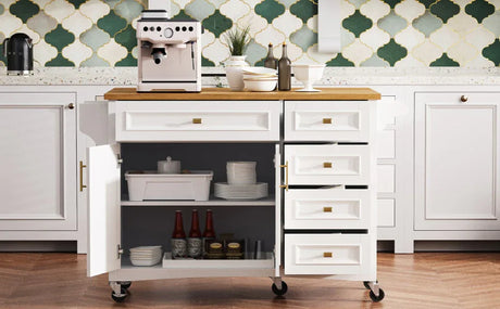 Classic Vintage Embossed White Kitchen Island On Wheels - Omega Lifestyles