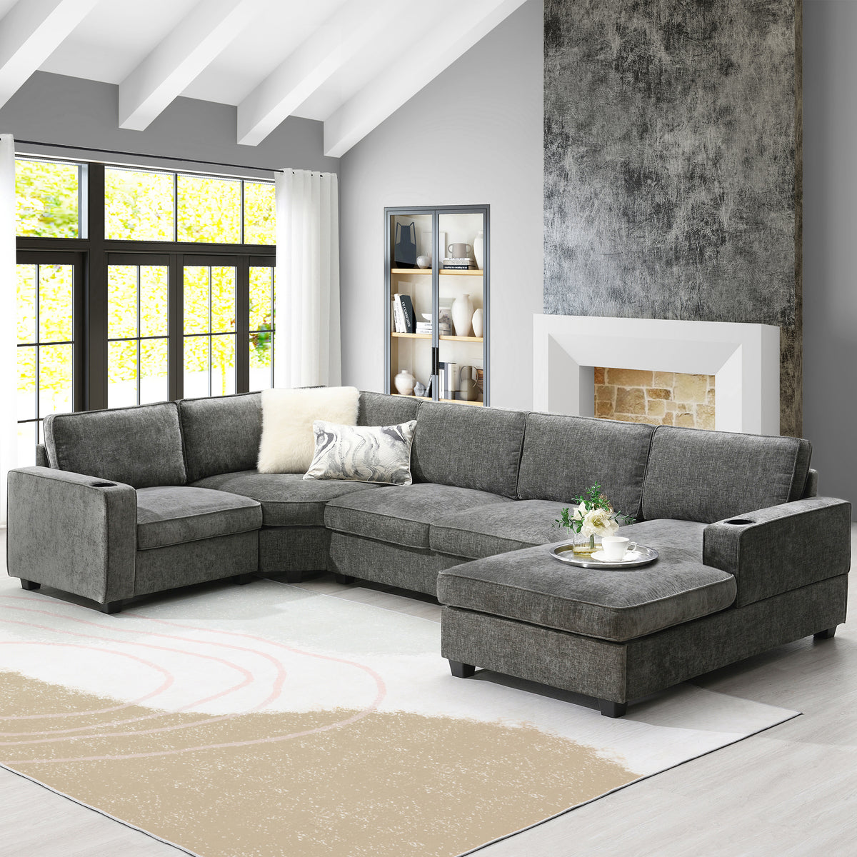 Chenille 6-Seat U-Shaped Sectional Sofa With Cup Holders