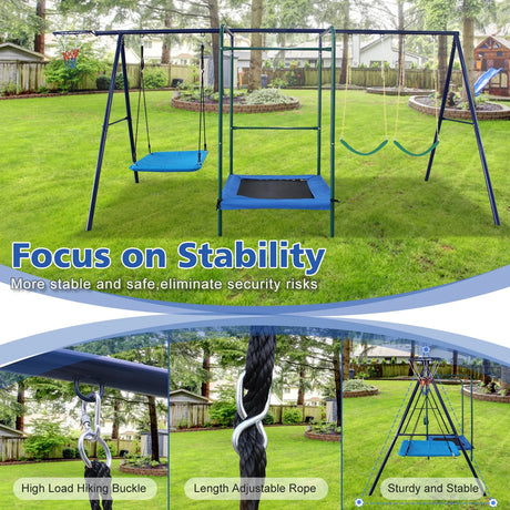 4-in-1 Backyard Steel Swing Set With Trampoline - Omega Lifestyles