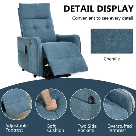 Blue Chenille Medium-Firm Power Lift Massage Recliner Chair - Omega Lifestyles