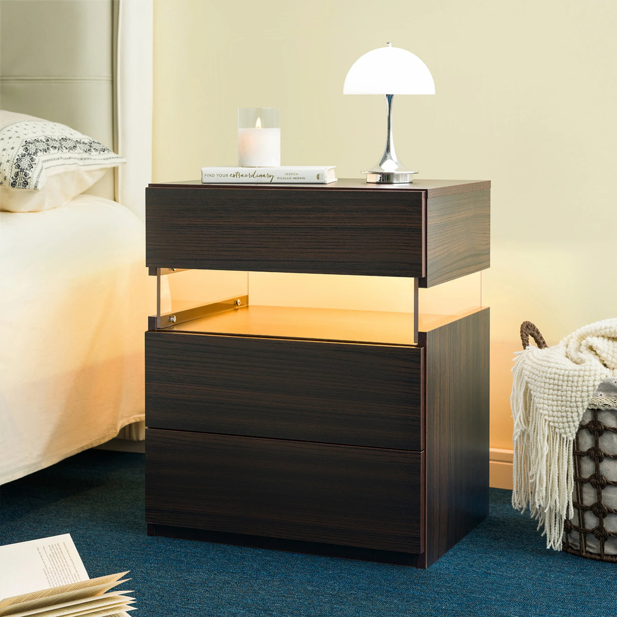 Modern 3 Drawer LED Bedside Cabinet with Acrylic Panel - Omega Lifestyles