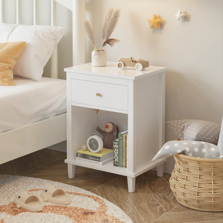 White MDF Kids Wooden Nightstand With Drawer Shelf - Omega Lifestyles
