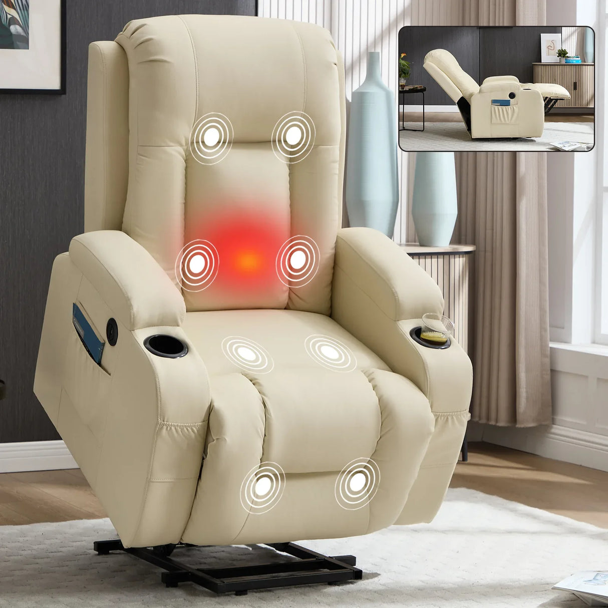Beige PU Leather Power Lift Massage Recliner Chair - Omega Lifestyles