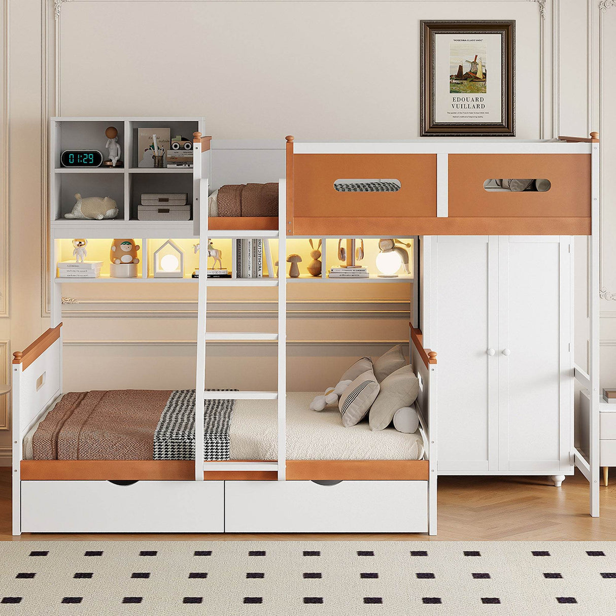 Twin Over Full Wooden Bunk Bed With Storage And LED Light