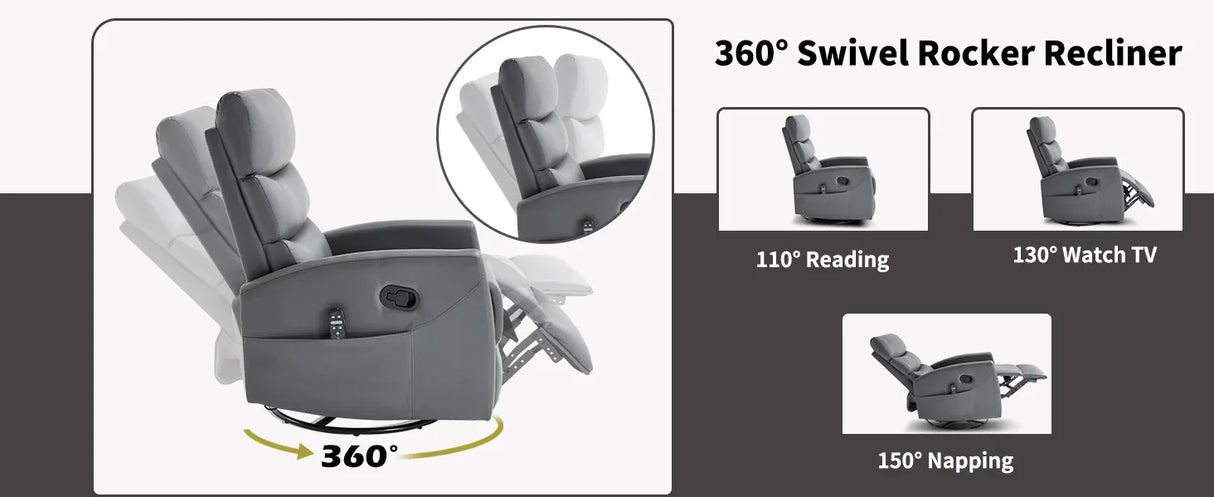 Heat Massage Faux Leather Swivel Rocking Recliner Chair - Omega Lifestyles