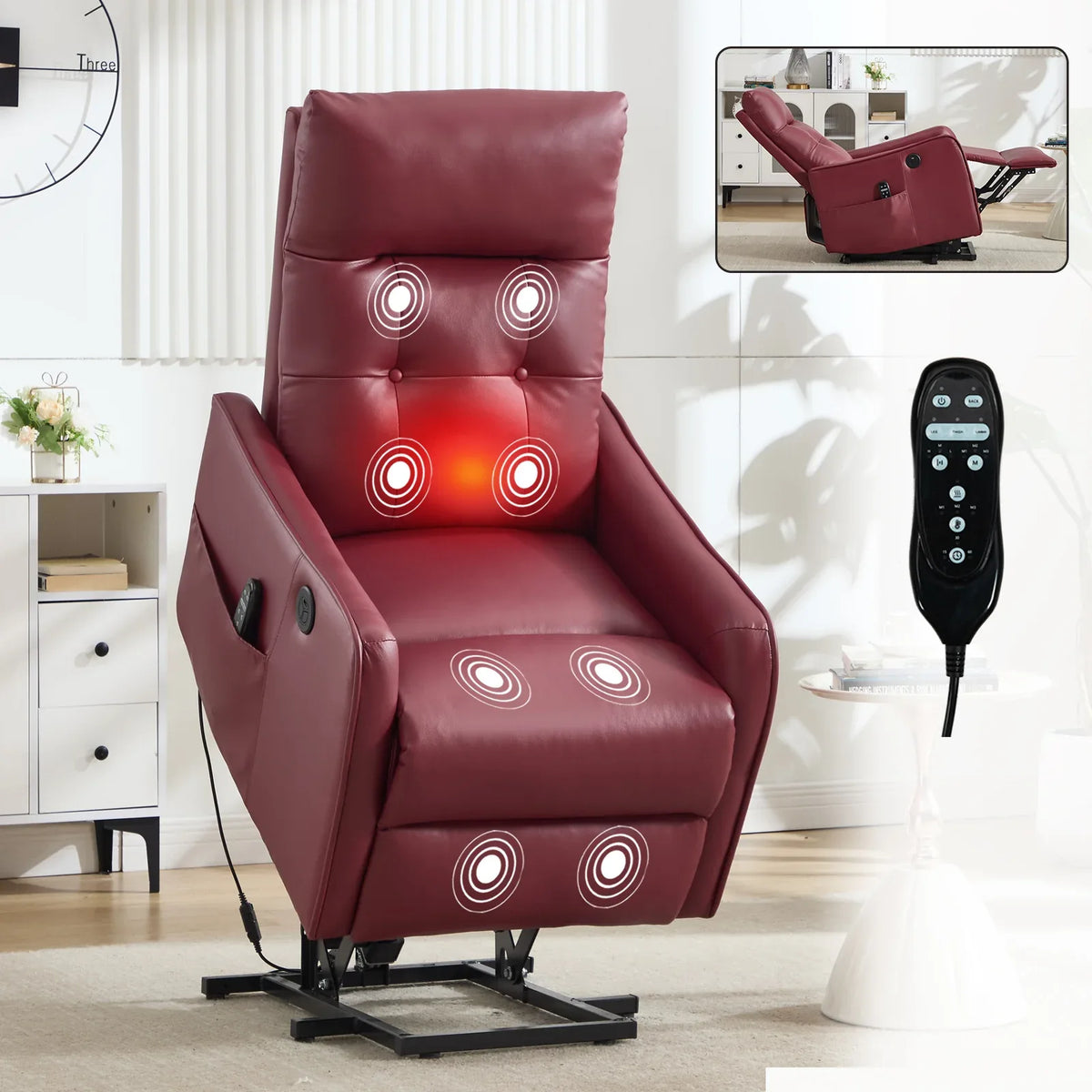 Red Faux Leather Power Lift Recliner Chair With Massage - Omega Lifestyles