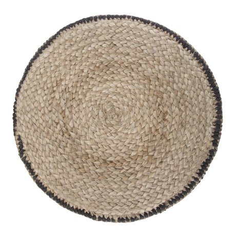 Round Braided Jute Pouf Black Fabric Accent Stool - Omega Lifestyles