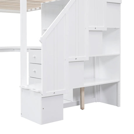 Twin Loft Bed With L-Shaped Desk Drawers Cabinet Staircase - Omega Lifestyles