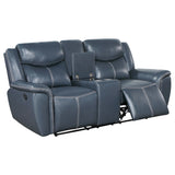 Blue Upholstered Motion Reclining Loveseat With Console - Omega Lifestyles
