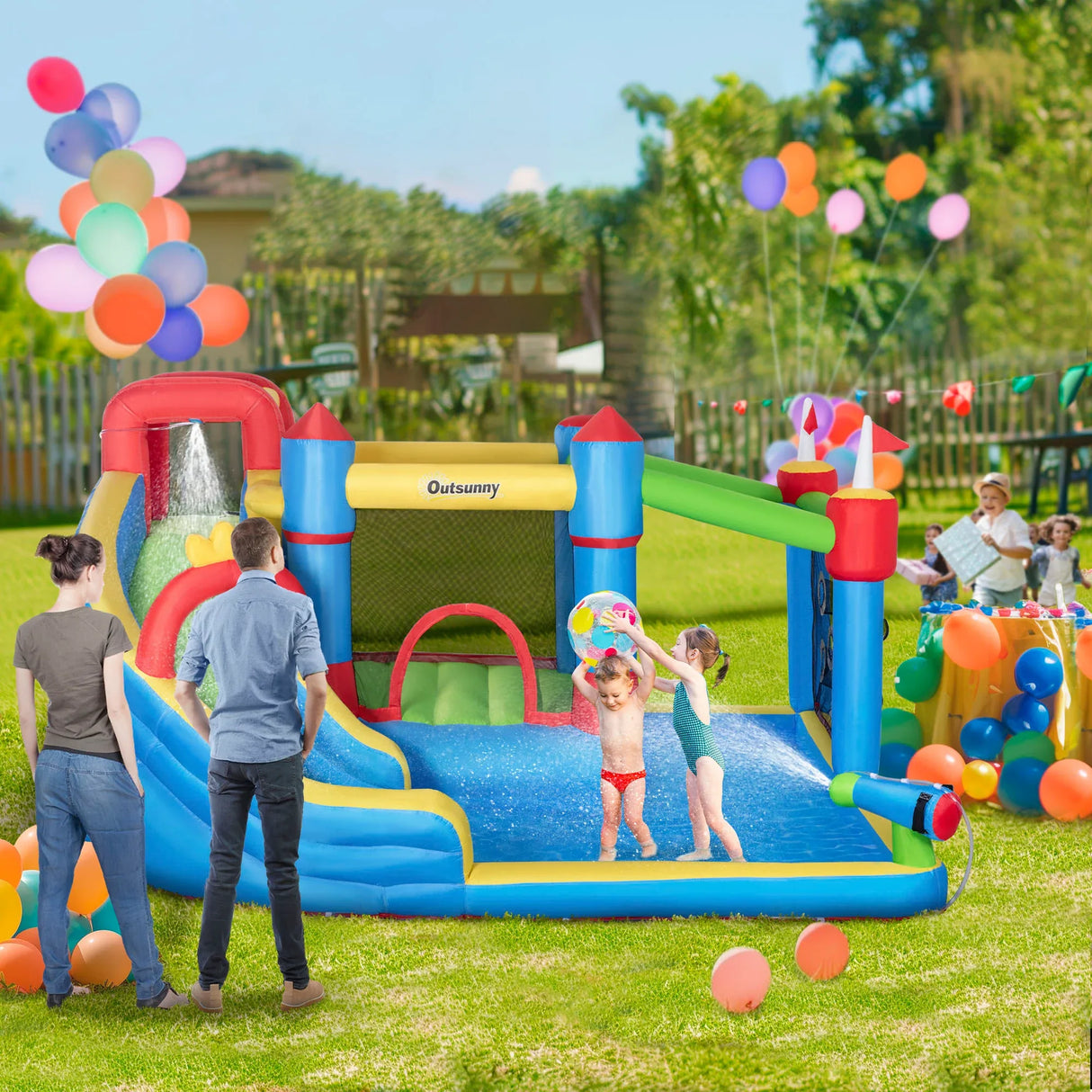 Inflatable Bounce House With Slide Climbing Wall Water Cannon - Omega Lifestyles