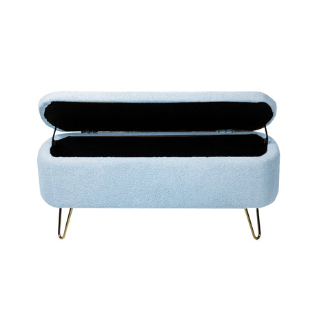 Blue Faux Fur Upholstered Storage Bench With Gold Legs - Omega Lifestyles