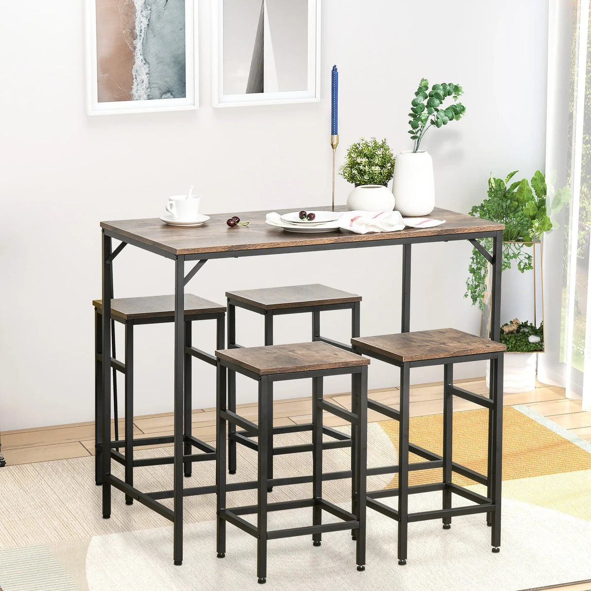 5-Piece Industrial Rustic Brown Particle Board Bar Table Set - Omega Lifestyles