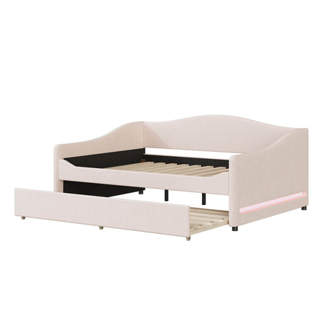 Full Teddy Fleece Upholstered Daybed With Trundle And LED Light - Omega Lifestyles