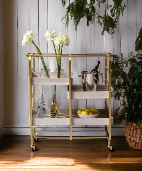 Gold White Washed Metal Wood Rectangular Serving Cart - Omega Lifestyles