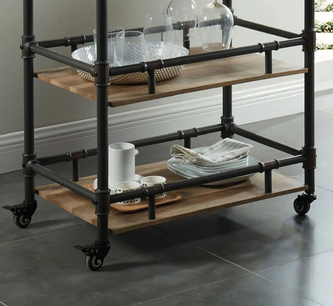 Industrial Style Metal Frame 3-Tier Oak Serving Cart - Omega Lifestyles