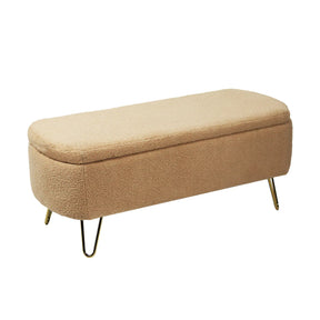 Camel Faux Fur Storage Ottoman Bench With Gold Legs - Omega Lifestyles