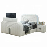 White Teddy Sherpa Floating King Bed With LED Fireplace - Omega Lifestyles
