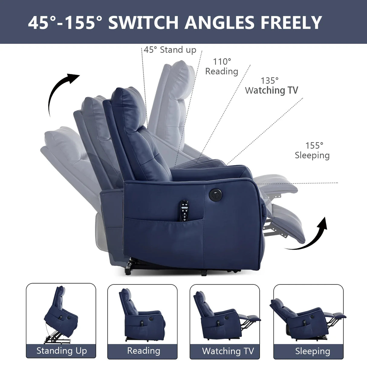 Medium-Firm Blue Faux Leather Power Lift Massage Recliner Chair - Omega Lifestyles