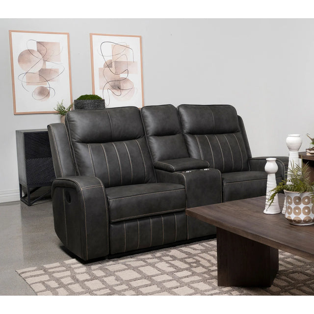 Grey Upholstered Manual Reclining Loveseat With Console - Omega Lifestyles