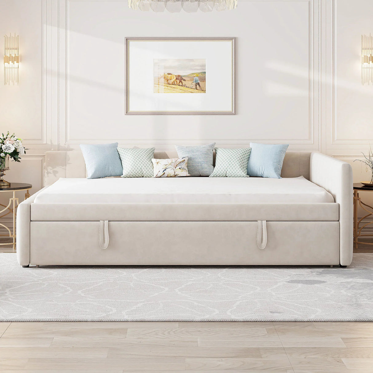 Full Upholstered L-Shaped Daybed With Twin Trundle - Omega Lifestyles
