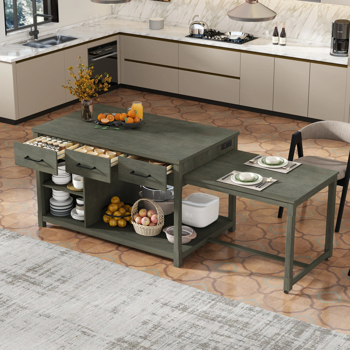 Expandable Retro Kitchen Island With Built-In Power Outlets - Omega Lifestyles