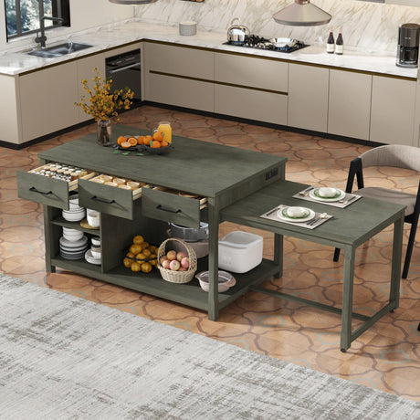 Expandable Retro Kitchen Island With Built-In Power Outlets - Omega Lifestyles