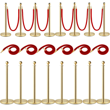 Set of 8 Stainless Steel Gold Velvet Rope Posts - Omega Lifestyles