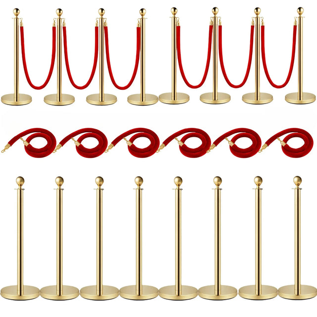 Set of 8 Stainless Steel Gold Velvet Rope Posts - Omega Lifestyles