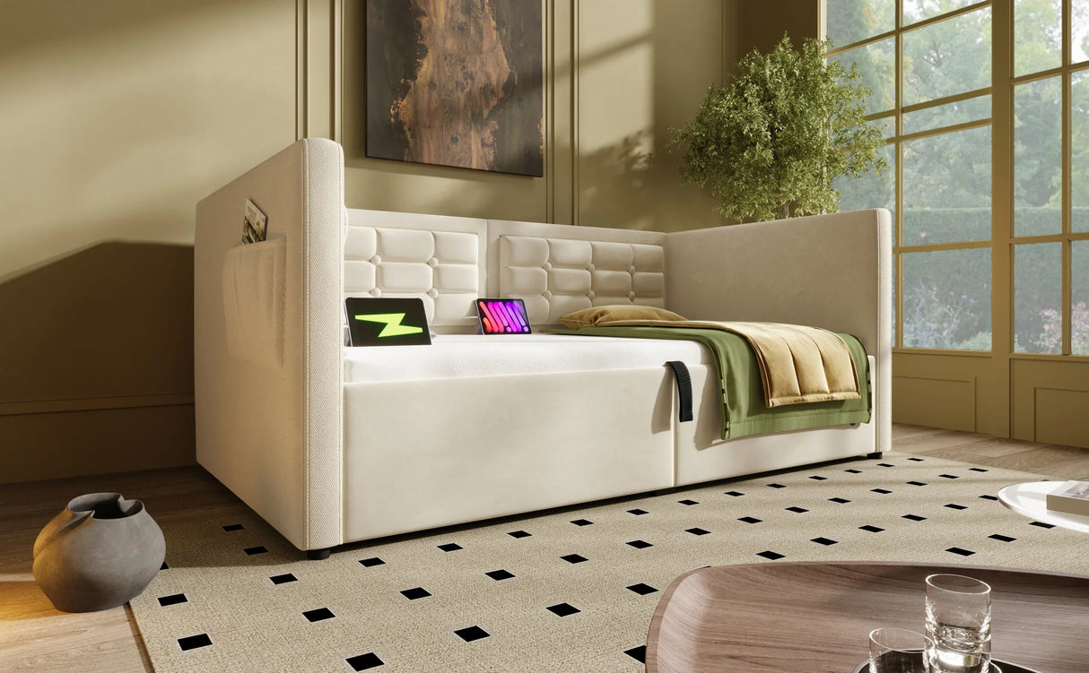 Twin Beige Velvet Upholstered Hydraulic Storage Bed Frame - Omega Lifestyles