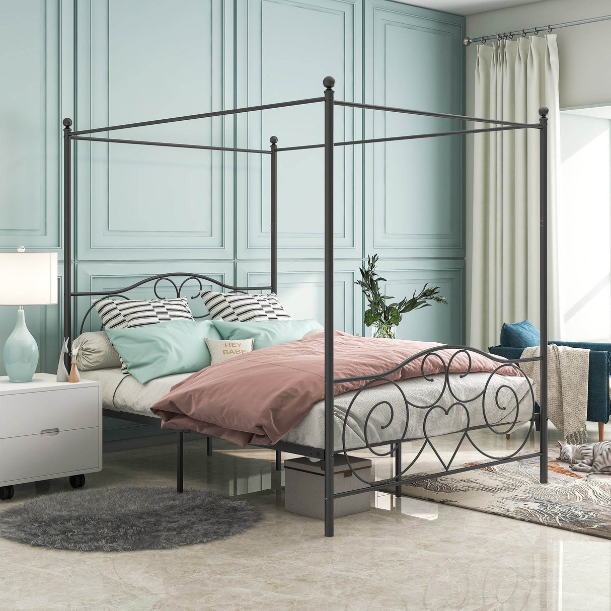 Queen Metal Canopy Bed Frame With Vintage Headboard