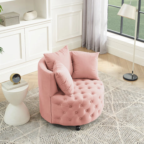 Pink Velvet Upholstered Swivel Chair With Movable Wheels - Omega Lifestyles