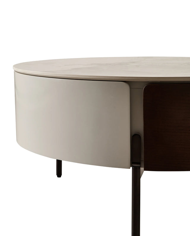 Round Ceramic Top Coffee Table With Drawers And Metal Legs - Omega Lifestyles