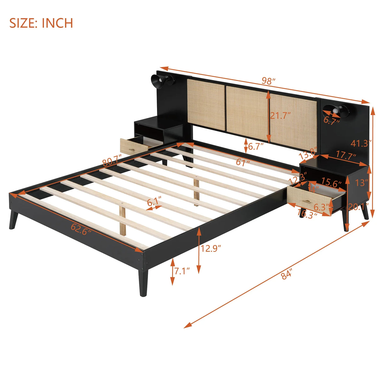 Queen Solid Wood Platform Bed Frame With Nightstands And Lamps - Omega Lifestyles