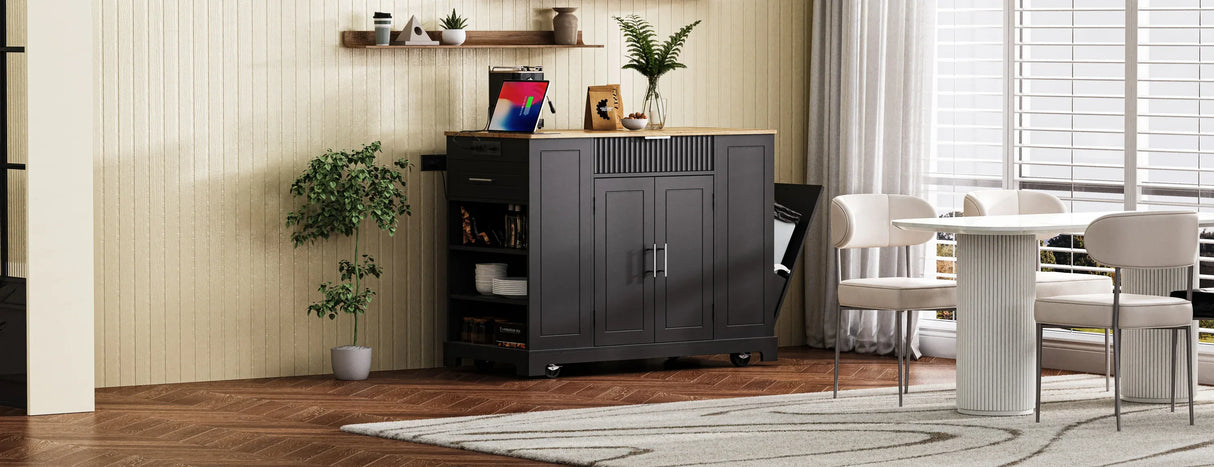 Fluted Rubber Wood Kitchen Island With Trash Can Cabinet - Omega Lifestyles