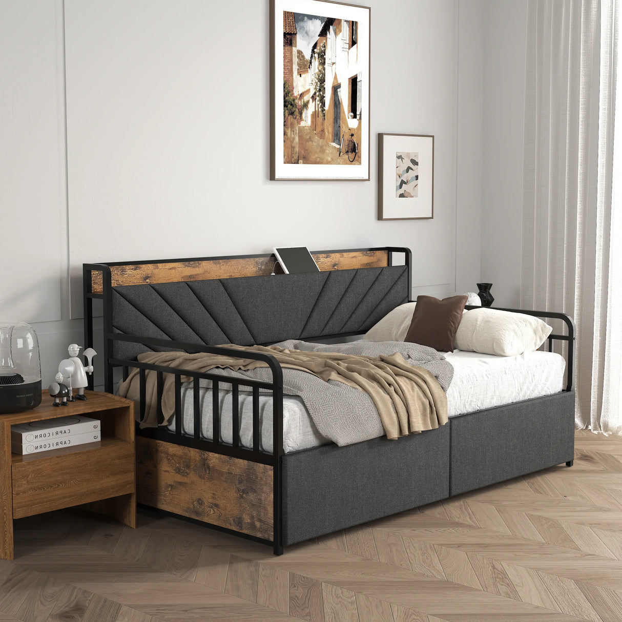 Twin Metal Bed Frame With Upholstered Headboard Charging - Omega Lifestyles
