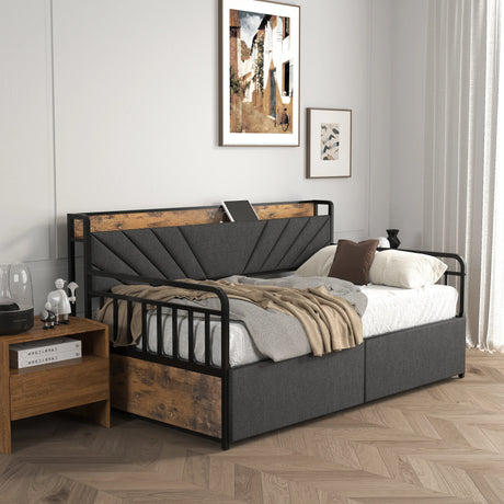 Twin Metal Bed Frame With Upholstered Headboard Charging - Omega Lifestyles