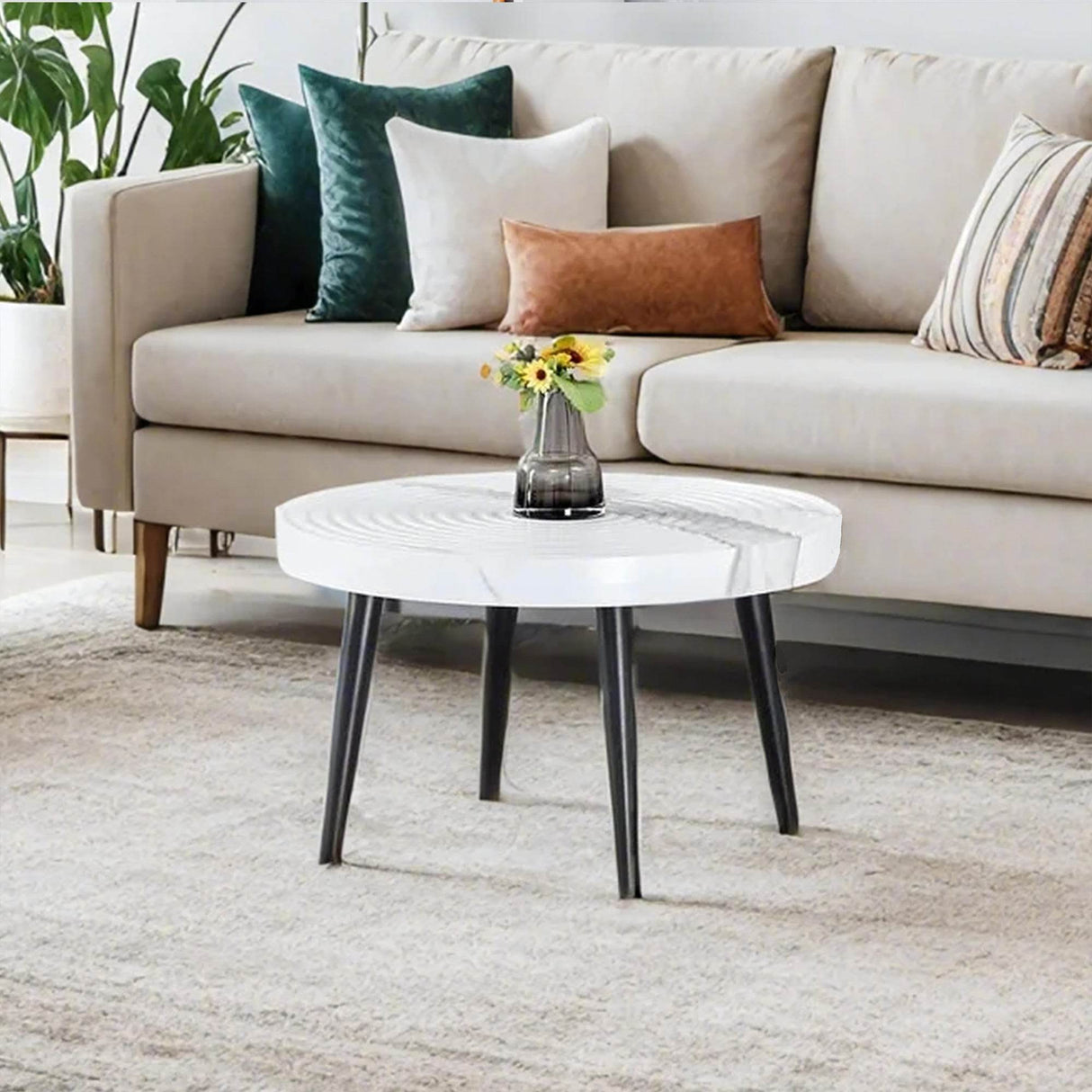 White Marble Pattern Round MDF Metal Coffee Table - Sleep Galleria